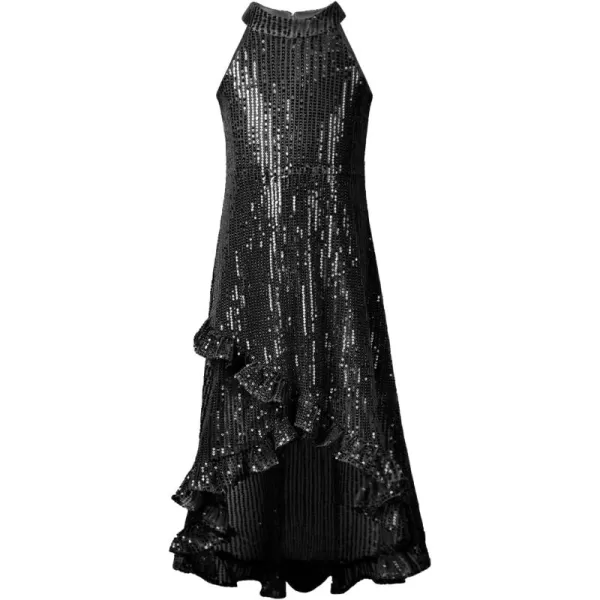 WELAKEN Girls Sequin Dress for Kids Sparkly Halter Neck Sleeveless Casual Party Wedding Twirl DressesBlack