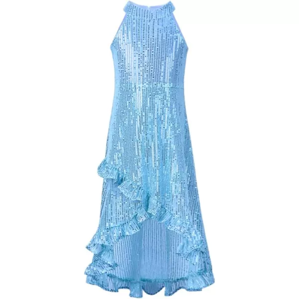 WELAKEN Girls Sequin Dress for Kids Sparkly Halter Neck Sleeveless Casual Party Wedding Twirl DressesBlue