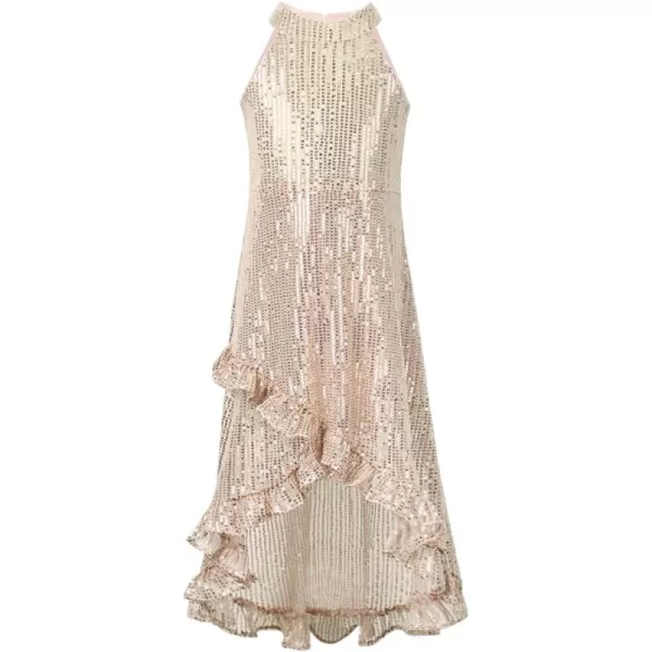 WELAKEN Girls Sequin Dress for Kids Sparkly Halter Neck Sleeveless Casual Party Wedding Twirl DressesGold