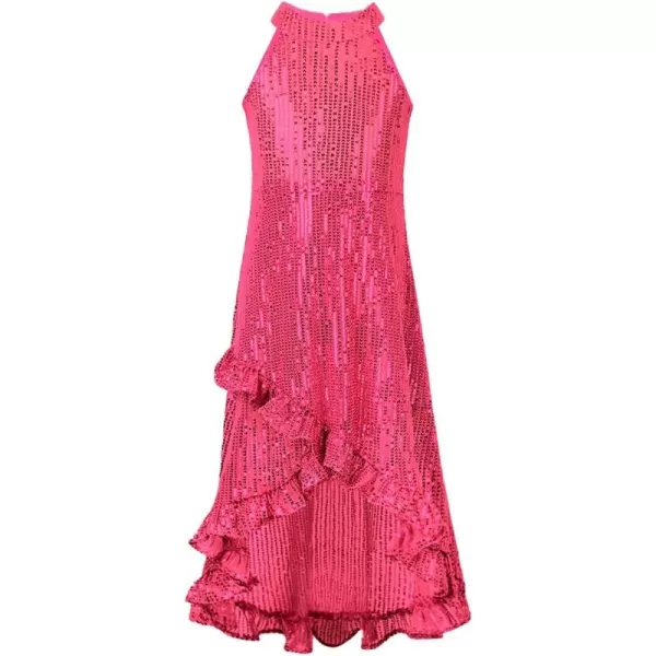 WELAKEN Girls Sequin Dress for Kids Sparkly Halter Neck Sleeveless Casual Party Wedding Twirl DressesHot Pink