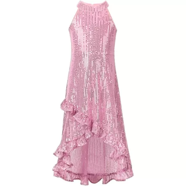 WELAKEN Girls Sequin Dress for Kids Sparkly Halter Neck Sleeveless Casual Party Wedding Twirl DressesPink
