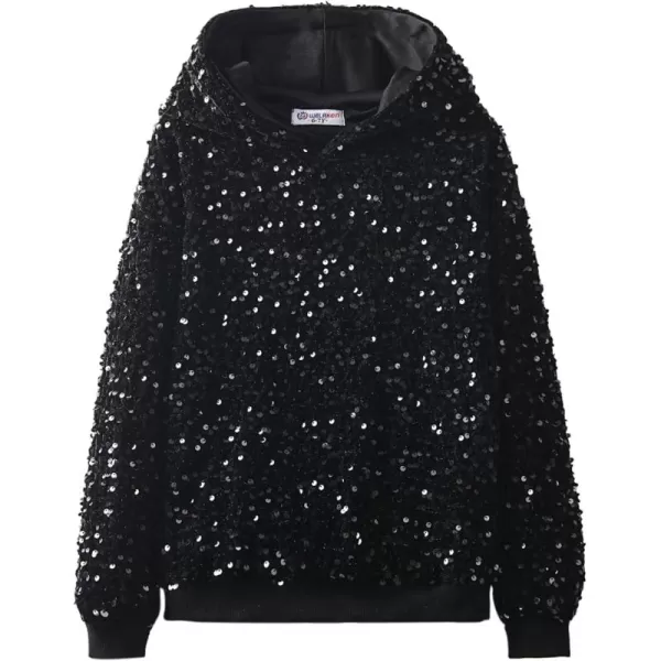 WELAKEN Girls Sequin Hooded Sweatshirt with Pockets Sparkle Long Sleeves Pullover Hoodie for Kids ampamp ToddlerBlack sequin