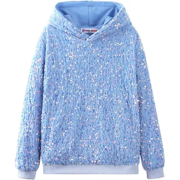 WELAKEN Girls Sequin Hooded Sweatshirt with Pockets Sparkle Long Sleeves Pullover Hoodie for Kids ampamp ToddlerBlue sequin