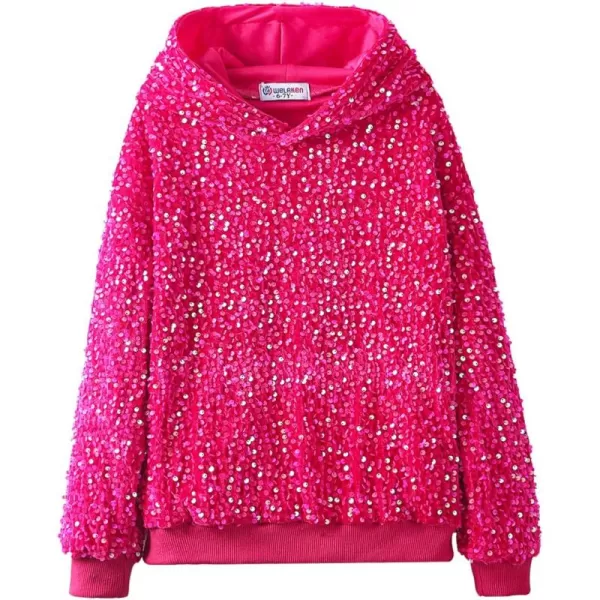 WELAKEN Girls Sequin Hooded Sweatshirt with Pockets Sparkle Long Sleeves Pullover Hoodie for Kids ampamp ToddlerHot Pink sequin