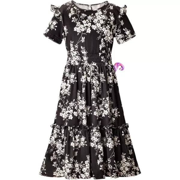 WELAKEN Girls Short Sleeves Floral Printed Dresses with Pocket and Elastic WaistbandBlack