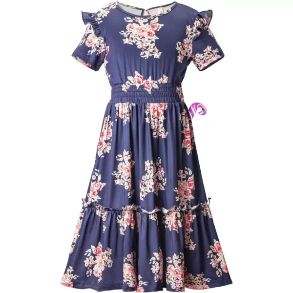 WELAKEN Girls Short Sleeves Floral Printed Dresses with Pocket and Elastic WaistbandNavy Blue