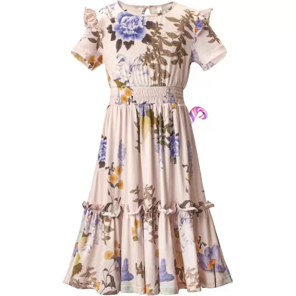 WELAKEN Girls Short Sleeves Floral Printed Dresses with Pocket and Elastic WaistbandPink