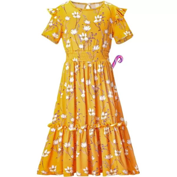 WELAKEN Girls Short Sleeves Floral Printed Dresses with Pocket and Elastic WaistbandYellow