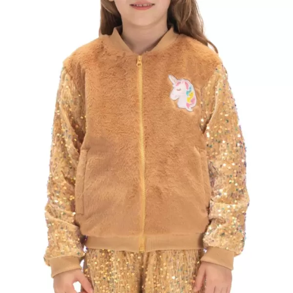 WELAKEN Girls Unicorn Fleece Fullzip Sequin Sleeves Jacket with Pocket for Toddler ampamp Kids Brown