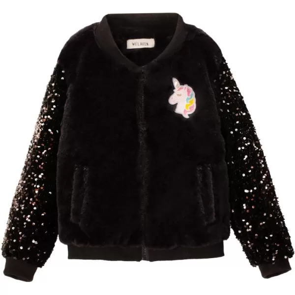 WELAKEN Girls Unicorn Fleece Fullzip Sequin Sleeves Jacket with Pocket for Toddler ampamp KidsBlack