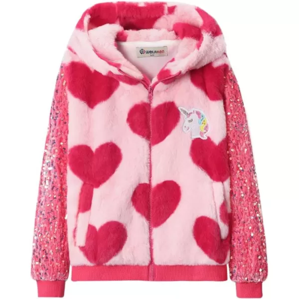 WELAKEN Girls Unicorn Fleece Fullzip Sequin Sleeves Jacket with Pocket for Toddler ampamp KidsHoodedhot Pink heart
