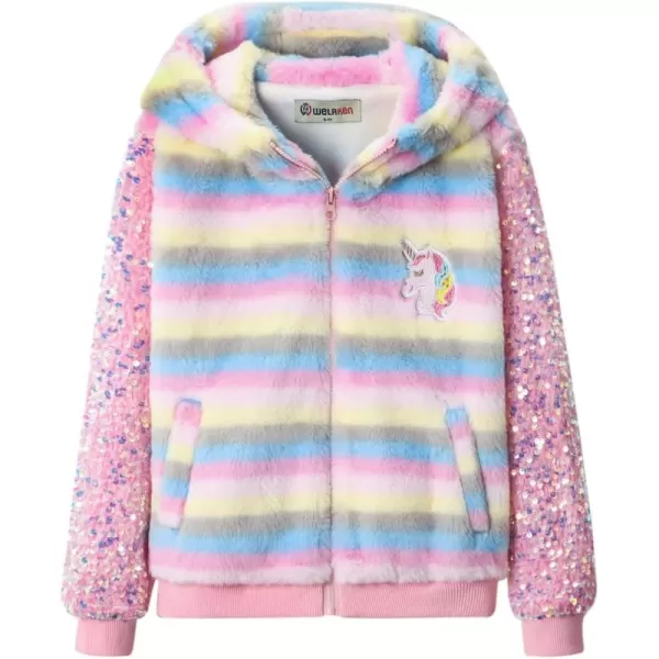 WELAKEN Girls Unicorn Fleece Fullzip Sequin Sleeves Jacket with Pocket for Toddler ampamp KidsHoodedpink stripes