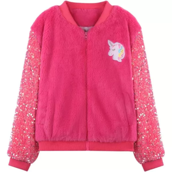 WELAKEN Girls Unicorn Fleece Fullzip Sequin Sleeves Jacket with Pocket for Toddler ampamp KidsHot Pink