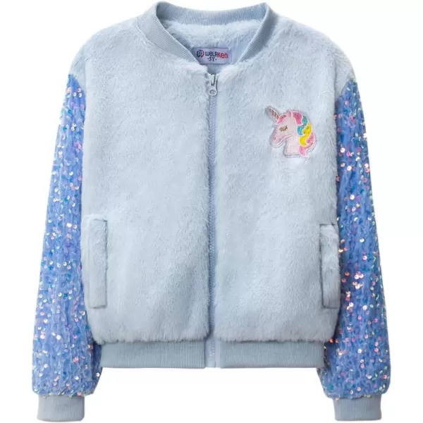 WELAKEN Girls Unicorn Fleece Fullzip Sequin Sleeves Jacket with Pocket for Toddler ampamp KidsLight Blue