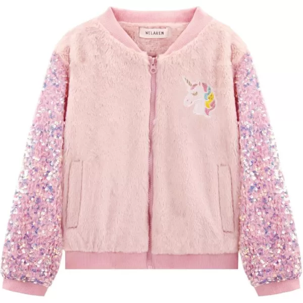 WELAKEN Girls Unicorn Fleece Fullzip Sequin Sleeves Jacket with Pocket for Toddler ampamp KidsPink