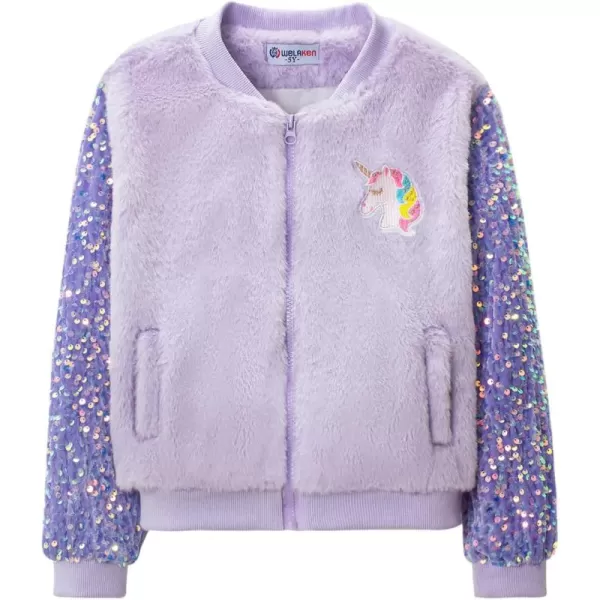 WELAKEN Girls Unicorn Fleece Fullzip Sequin Sleeves Jacket with Pocket for Toddler ampamp KidsPurple