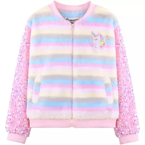 WELAKEN Girls Unicorn Fleece Fullzip Sequin Sleeves Jacket with Pocket for Toddler ampamp KidsStripes