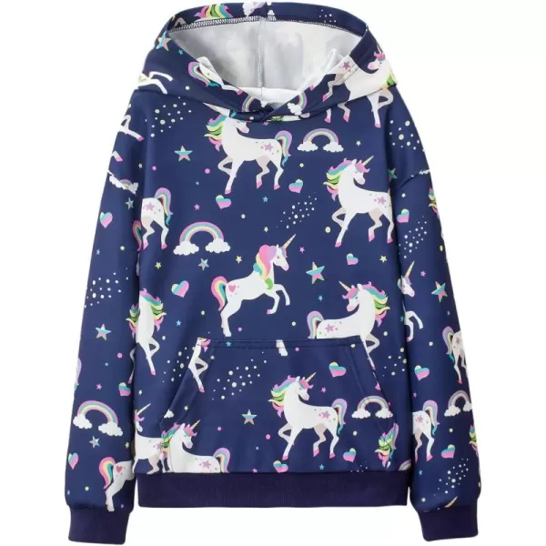 WELAKEN Girls and Toddlers Pullover Printed Hoodie Sweatshirt with Kangaroo PocketNavy Blue unicorn