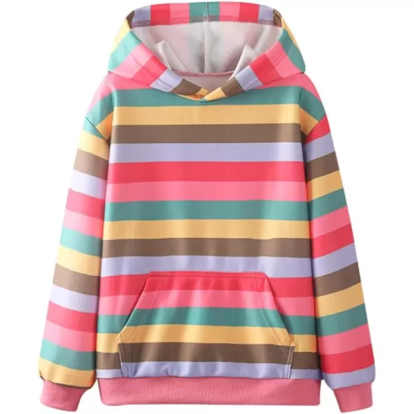 WELAKEN Girls and Toddlers Pullover Printed Hoodie Sweatshirt with Kangaroo PocketRainbow striped