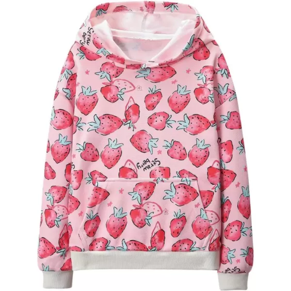 WELAKEN Girls and Toddlers Pullover Printed Hoodie Sweatshirt with Kangaroo PocketStrawberry