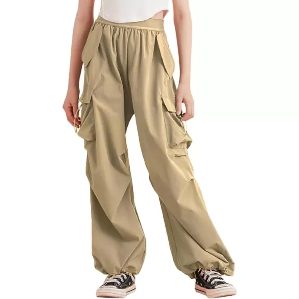 WELAKEN Lightweight Baggy Cargo Pants for Girls Toddler ampamp Kids WaterResistant Utility Parachute Pants with PocketsSand Brown