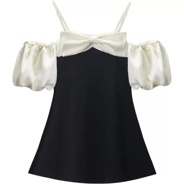 WELAKEN Puffy Sleeve Bowknot Dress for Girls Toddler ampamp Kids II Little Girls Spaghetti Strap Party DressesBlack champagne