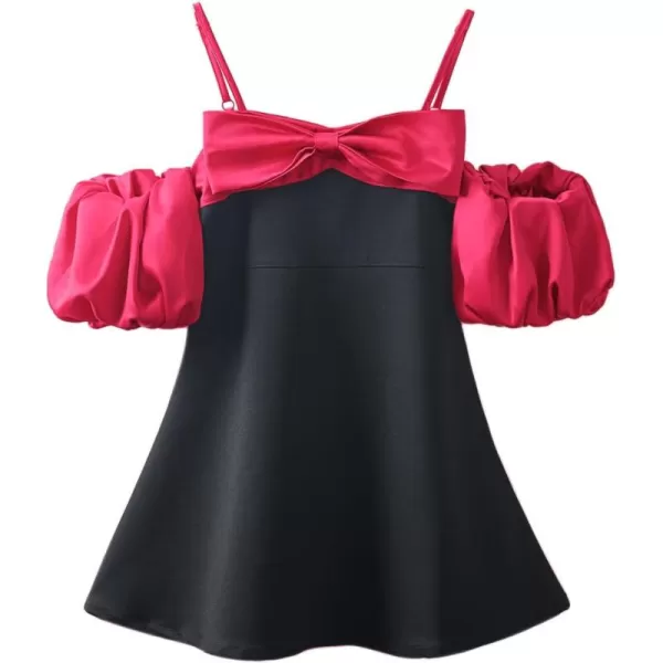 WELAKEN Puffy Sleeve Bowknot Dress for Girls Toddler ampamp Kids II Little Girls Spaghetti Strap Party DressesBlack magenta