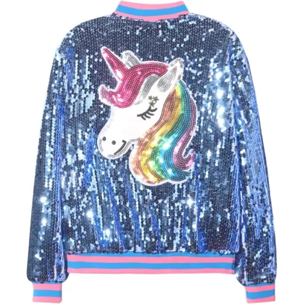 WELAKEN Unicorn Sequin Jacket for Girls Kids Toddler Sparkle Zipper Bomber Jacket with PocketsBlue