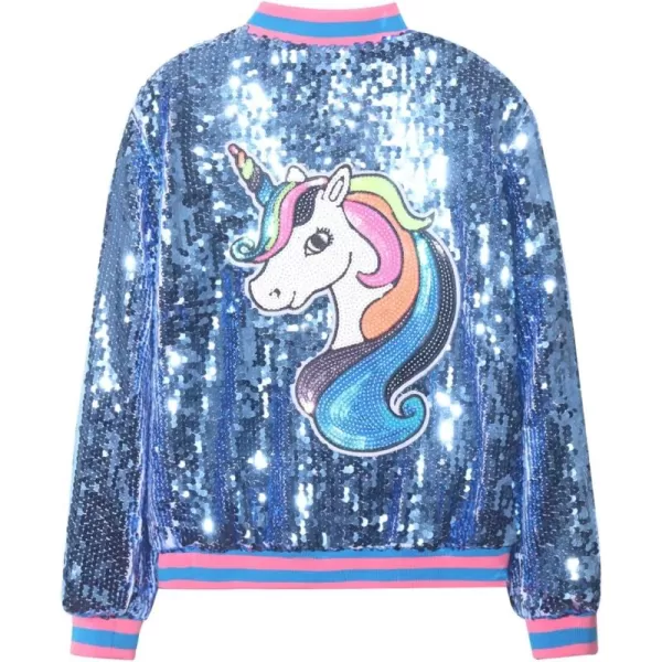 WELAKEN Unicorn Sequin Jacket for Girls Kids Toddler Sparkle Zipper Bomber Jacket with PocketsBlue unicorn