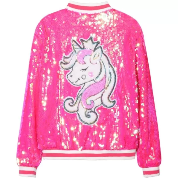 WELAKEN Unicorn Sequin Jacket for Girls Kids Toddler Sparkle Zipper Bomber Jacket with PocketsHot Pink