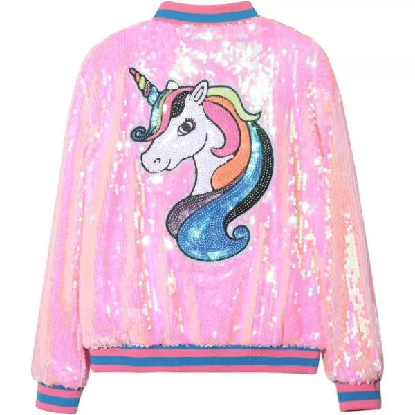 WELAKEN Unicorn Sequin Jacket for Girls Kids Toddler Sparkle Zipper Bomber Jacket with PocketsPink