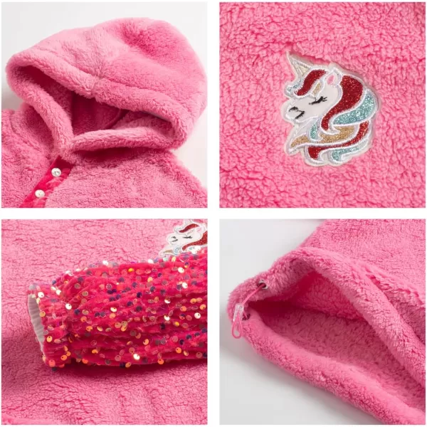 Girls ButtonDetail Fuzzy Sherpa Fleece Hoodie with Unicorn Patch ampamp Sequin Sleeves  Cozy ampamp Warm Kids PulloverHot Pink patchwork