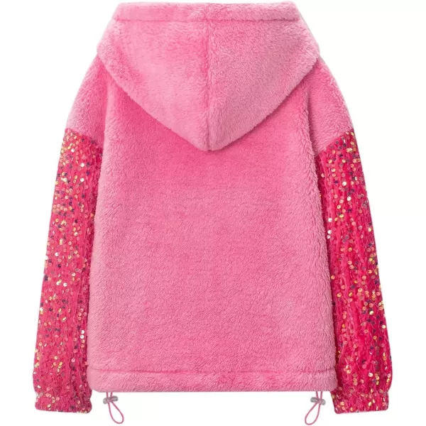 Girls ButtonDetail Fuzzy Sherpa Fleece Hoodie with Unicorn Patch ampamp Sequin Sleeves  Cozy ampamp Warm Kids PulloverHot Pink patchwork