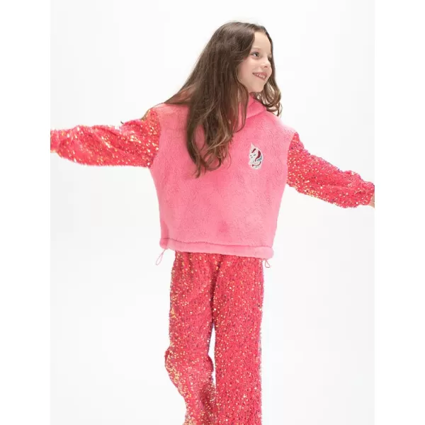 Girls ButtonDetail Fuzzy Sherpa Fleece Hoodie with Unicorn Patch ampamp Sequin Sleeves  Cozy ampamp Warm Kids PulloverHot Pink patchwork