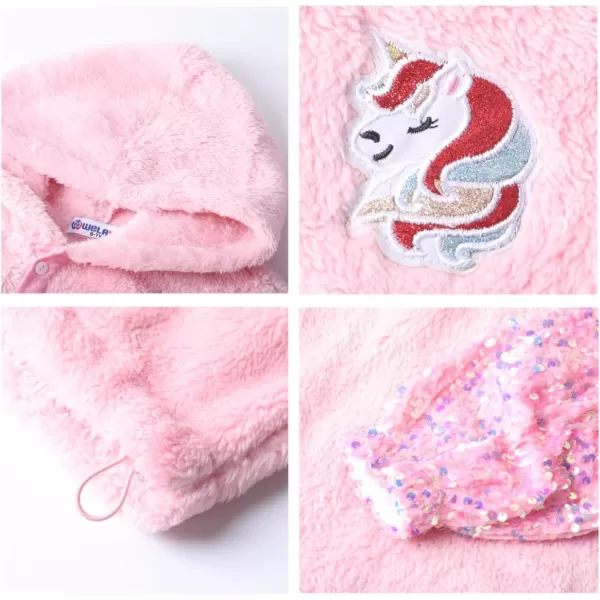 Girls ButtonDetail Fuzzy Sherpa Fleece Hoodie with Unicorn Patch ampamp Sequin Sleeves  Cozy ampamp Warm Kids PulloverPink patchwork