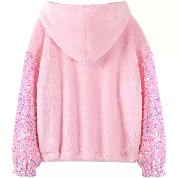 Girls ButtonDetail Fuzzy Sherpa Fleece Hoodie with Unicorn Patch ampamp Sequin Sleeves  Cozy ampamp Warm Kids PulloverPink patchwork