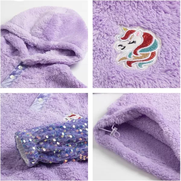 Girls ButtonDetail Fuzzy Sherpa Fleece Hoodie with Unicorn Patch ampamp Sequin Sleeves  Cozy ampamp Warm Kids PulloverPurple patchwork
