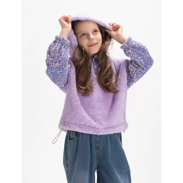 Girls ButtonDetail Fuzzy Sherpa Fleece Hoodie with Unicorn Patch ampamp Sequin Sleeves  Cozy ampamp Warm Kids PulloverPurple patchwork