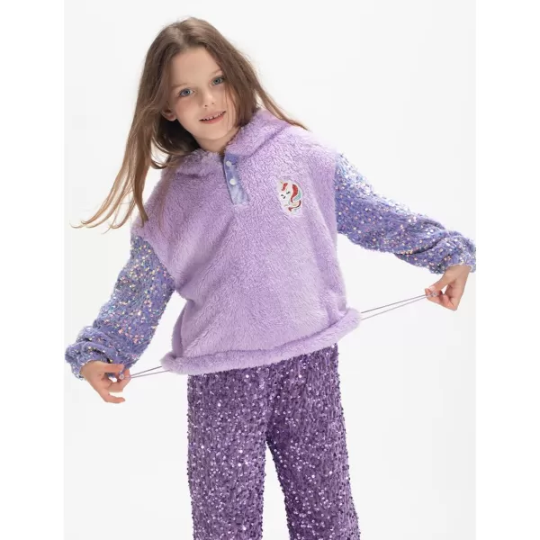 Girls ButtonDetail Fuzzy Sherpa Fleece Hoodie with Unicorn Patch ampamp Sequin Sleeves  Cozy ampamp Warm Kids PulloverPurple patchwork