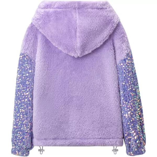 Girls ButtonDetail Fuzzy Sherpa Fleece Hoodie with Unicorn Patch ampamp Sequin Sleeves  Cozy ampamp Warm Kids PulloverPurple patchwork