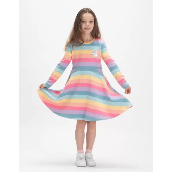 WELAKEN Cotton Sequins Unicorn Rainbow Stripes Dress for Girls Toddler ampamp Kids II Little Girls Long Sleeve Casual DressesRainbow
