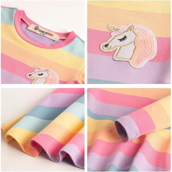 WELAKEN Cotton Sequins Unicorn Rainbow Stripes Dress for Girls Toddler ampamp Kids II Little Girls Long Sleeve Casual DressesRainbow