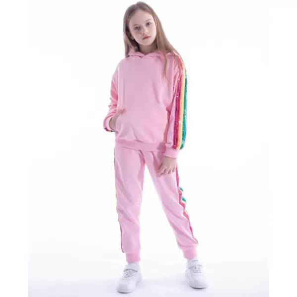 WELAKEN Girls 2 Piece Outfit Rainbow Sequin Striped Sweatshirt ampamp Sweatpants Clothing SetPink