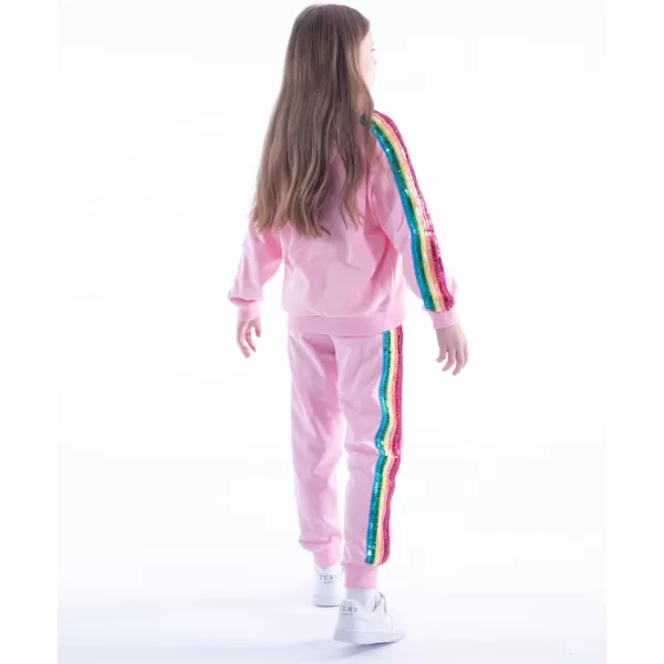 WELAKEN Girls 2 Piece Outfit Rainbow Sequin Striped Sweatshirt ampamp Sweatpants Clothing SetPink