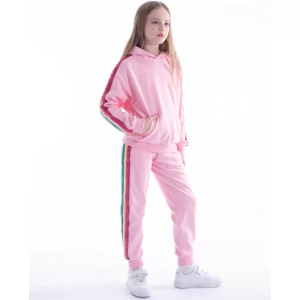 WELAKEN Girls 2 Piece Outfit Rainbow Sequin Striped Sweatshirt ampamp Sweatpants Clothing SetPink