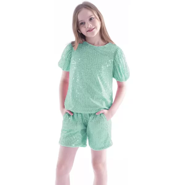 WELAKEN Girls 2 Piece Sequin Summer Outfits Kid Toddler Puff Sleeves Top and Shorts Set with PocketsGreen