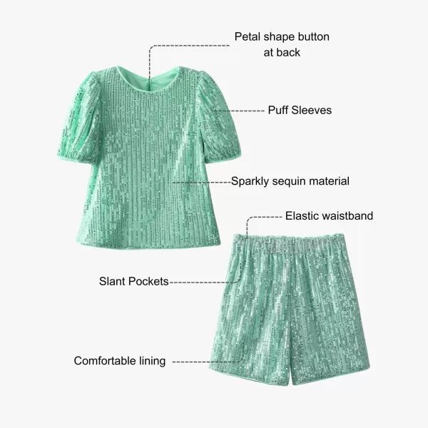 WELAKEN Girls 2 Piece Sequin Summer Outfits Kid Toddler Puff Sleeves Top and Shorts Set with PocketsGreen