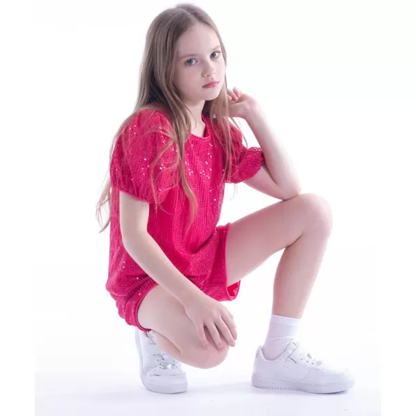 WELAKEN Girls 2 Piece Sequin Summer Outfits Kid Toddler Puff Sleeves Top and Shorts Set with PocketsHot Pink