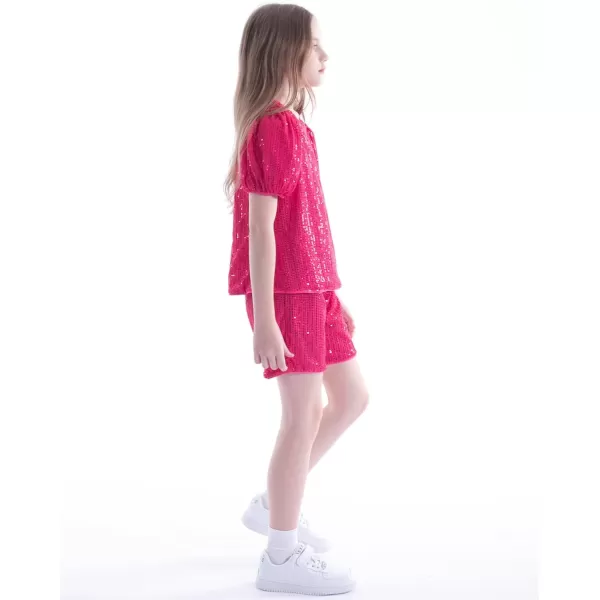 WELAKEN Girls 2 Piece Sequin Summer Outfits Kid Toddler Puff Sleeves Top and Shorts Set with PocketsHot Pink