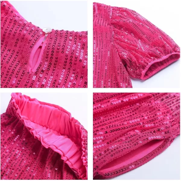 WELAKEN Girls 2 Piece Sequin Summer Outfits Kid Toddler Puff Sleeves Top and Shorts Set with PocketsHot Pink